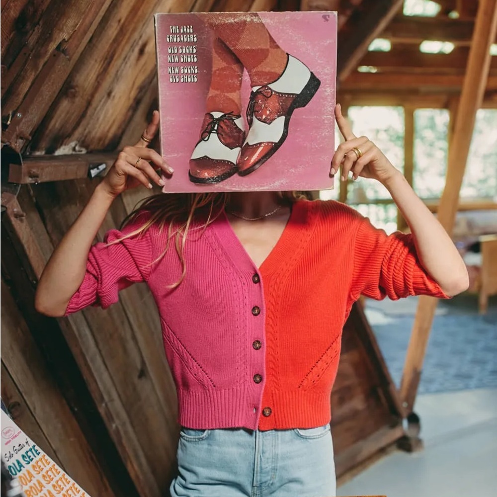 Marine Layer Robin Cropped Cardigan in Bubblegum and Vermillion
